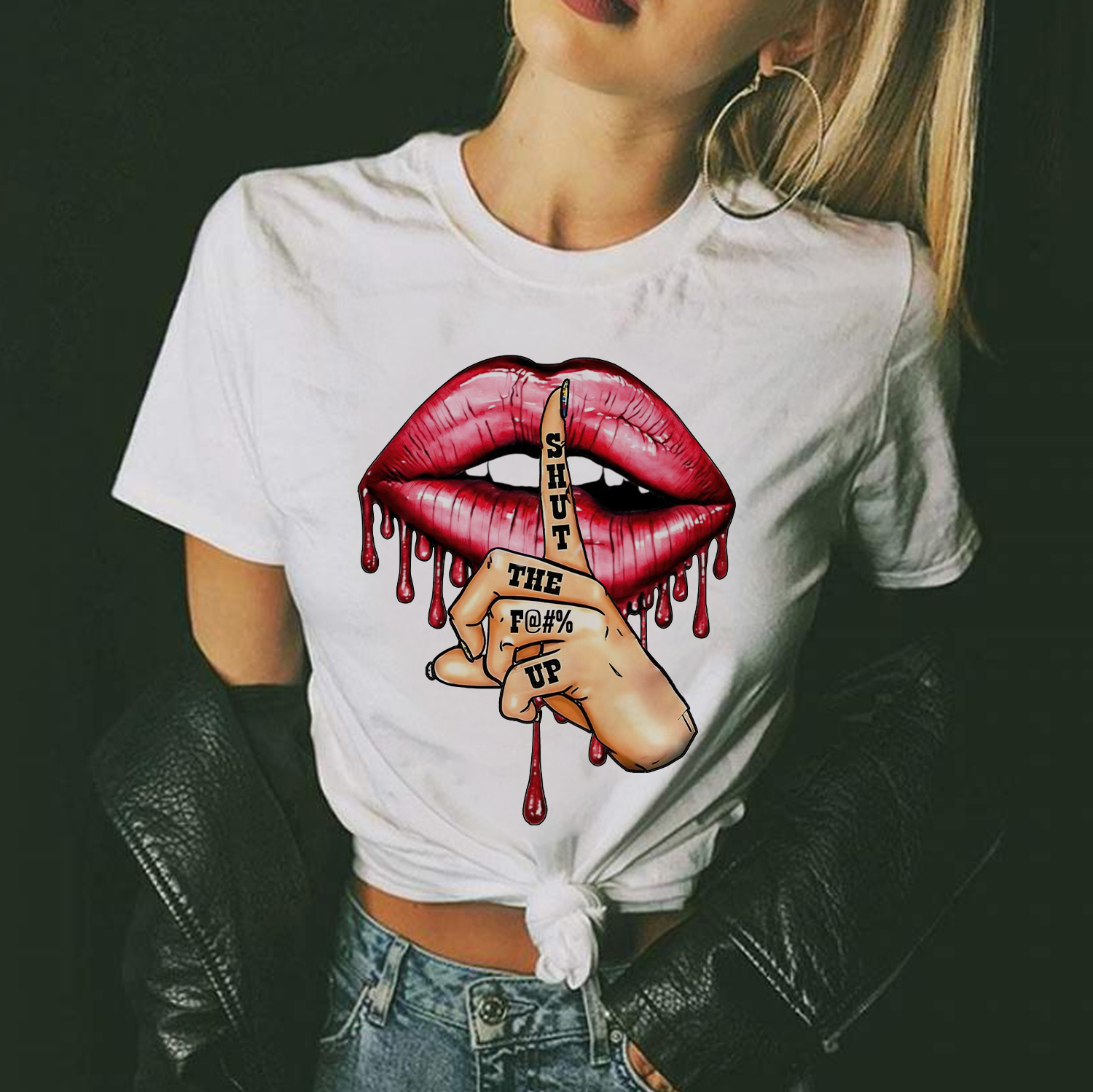 SHUT THE FUCK UP Red Lips Print Women's T-shirt