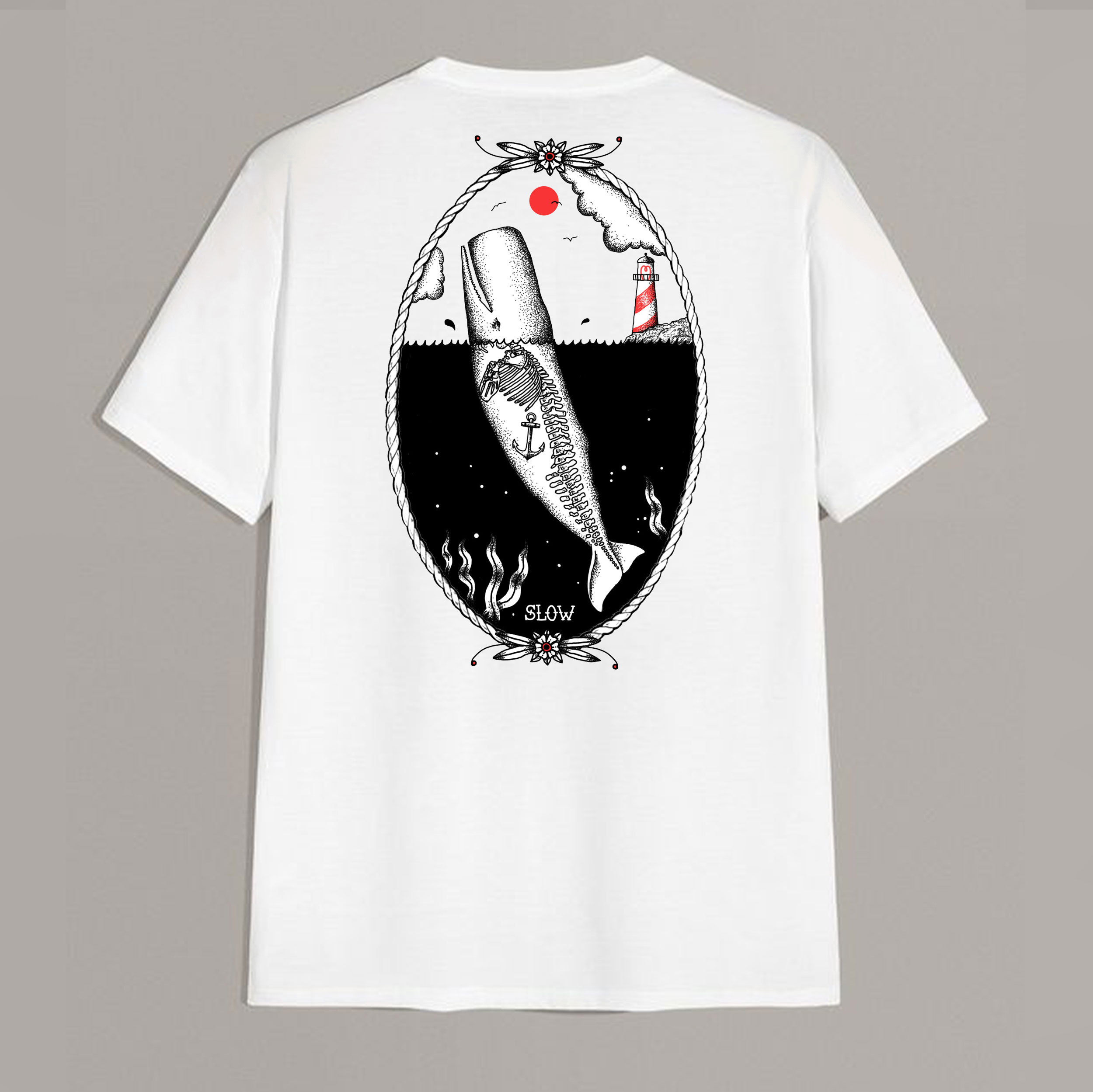 SLOW Ship in the Deep Sea Lighthouse White Print T-shirt