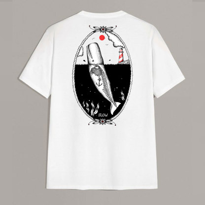 SLOW Ship in the Deep Sea Lighthouse White Print T-shirt