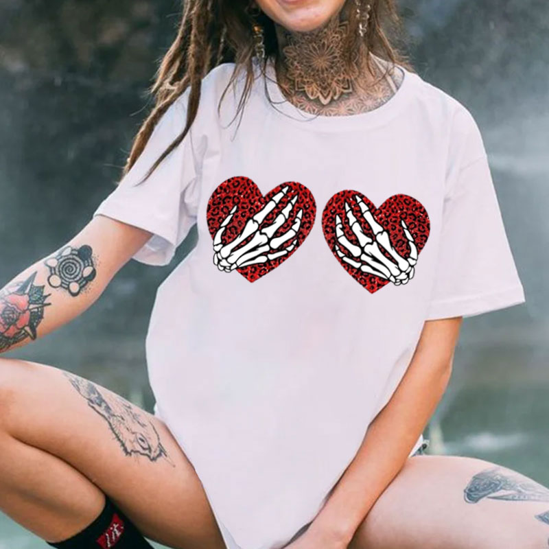 Bone Hand&Leopard Heart Print Women's T-shirt