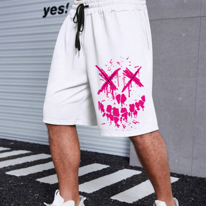 Fluorescent Pink Evil Emoji Graphic Print Men's Shorts