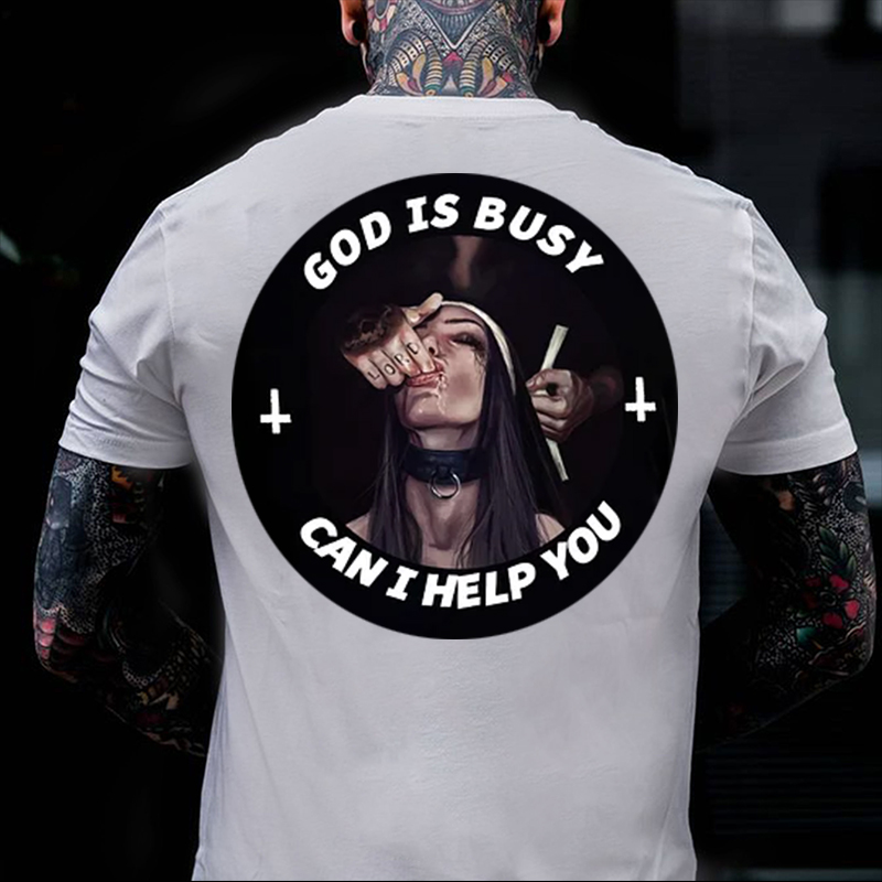 GOD IS BUSY CAN I HELP YOU Sucking Finger Nun Print Men's T-Shirt
