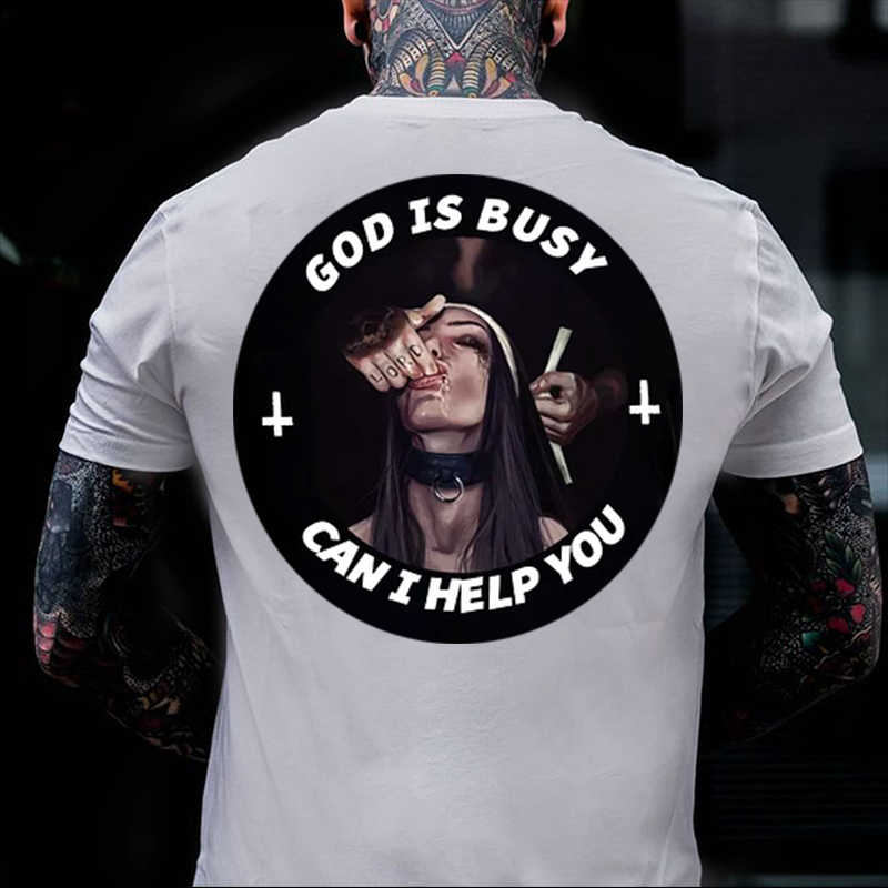 GOD IS BUSY CAN I HELP YOU Sucking Finger Nun Print Men's T-Shirt