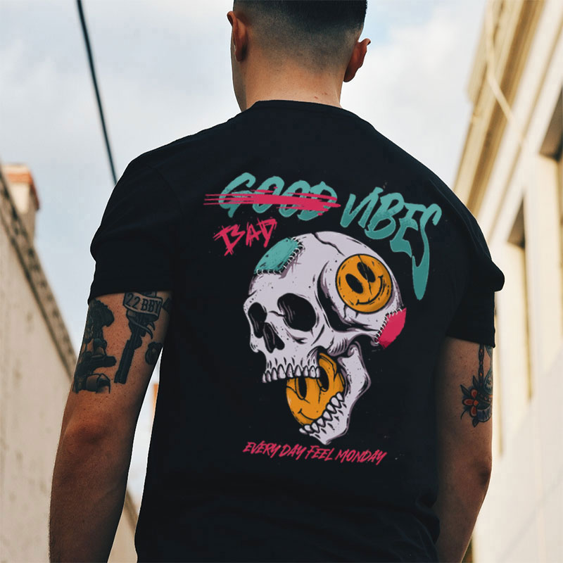 BAD VIBES Skull with Emoji Black Print T-shirt