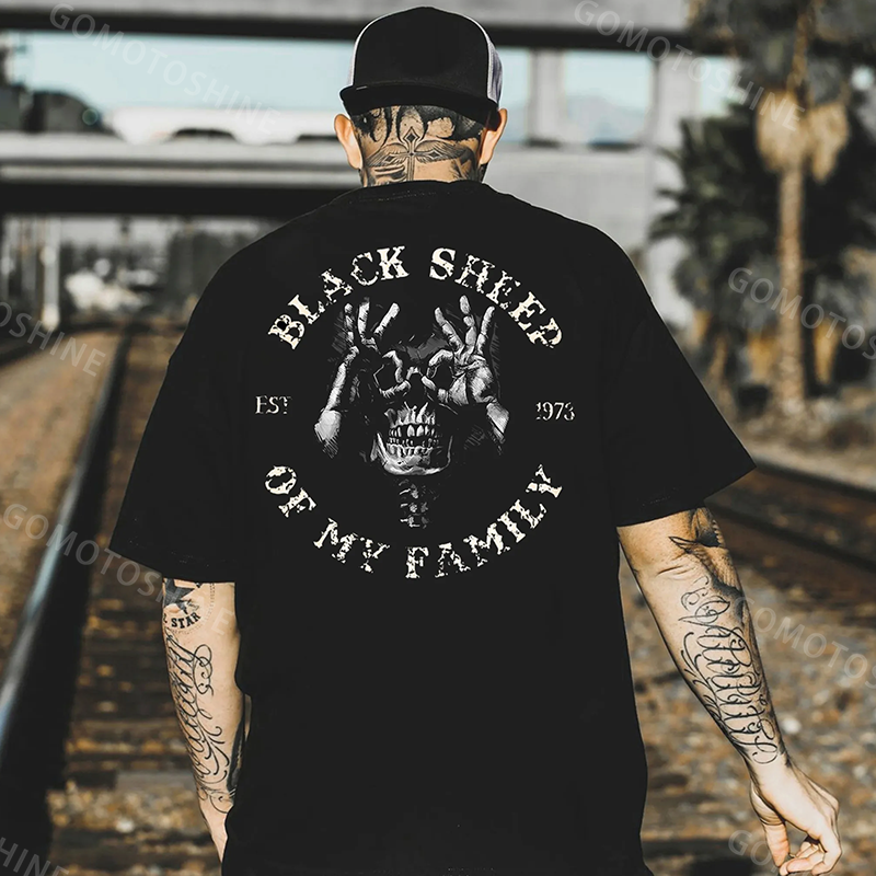 BLACK SHEEP OF MY FAMILY Skull Black Print T-Shirt Image - 1