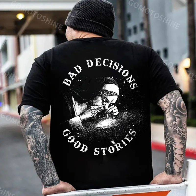 BAD DECISIONS GOOD STORIES Nun Smoking Black Print T-Shirt Image - 1