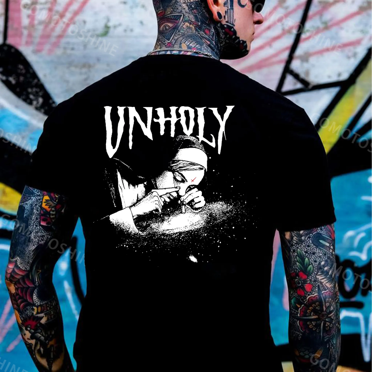 UNHOLY Nun Smoking Dark Style Black Print T-shirt