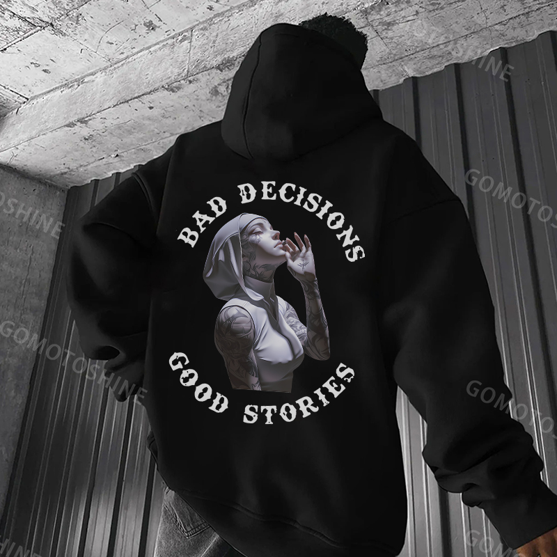 BAD DECISIONS GOOD STORIES Tattooed Nun Print Men's Hoodie