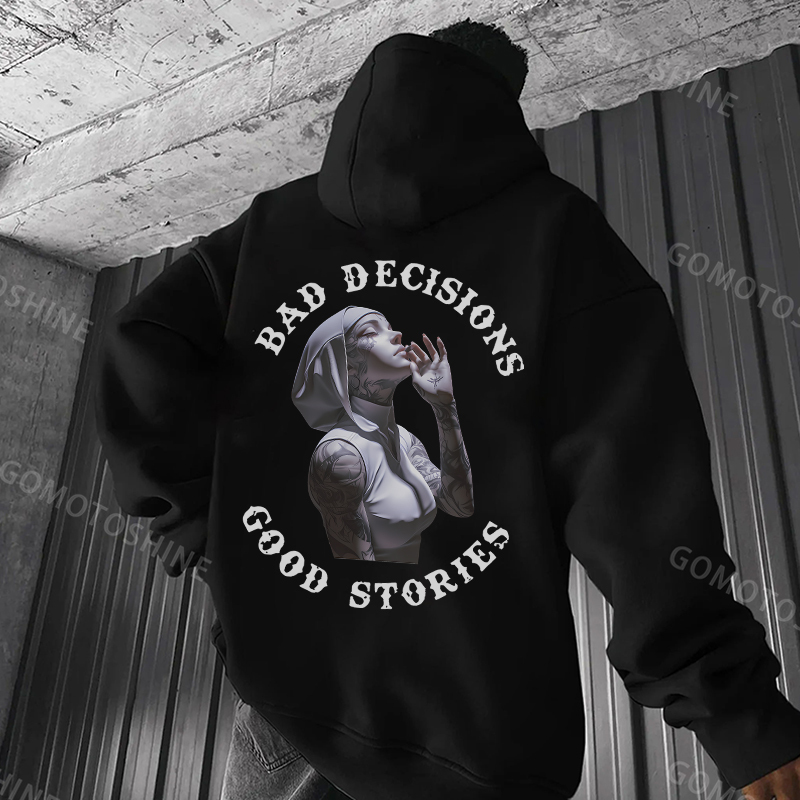 BAD DECISIONS GOOD STORIES Tattooed Nun Print Men's Hoodie
