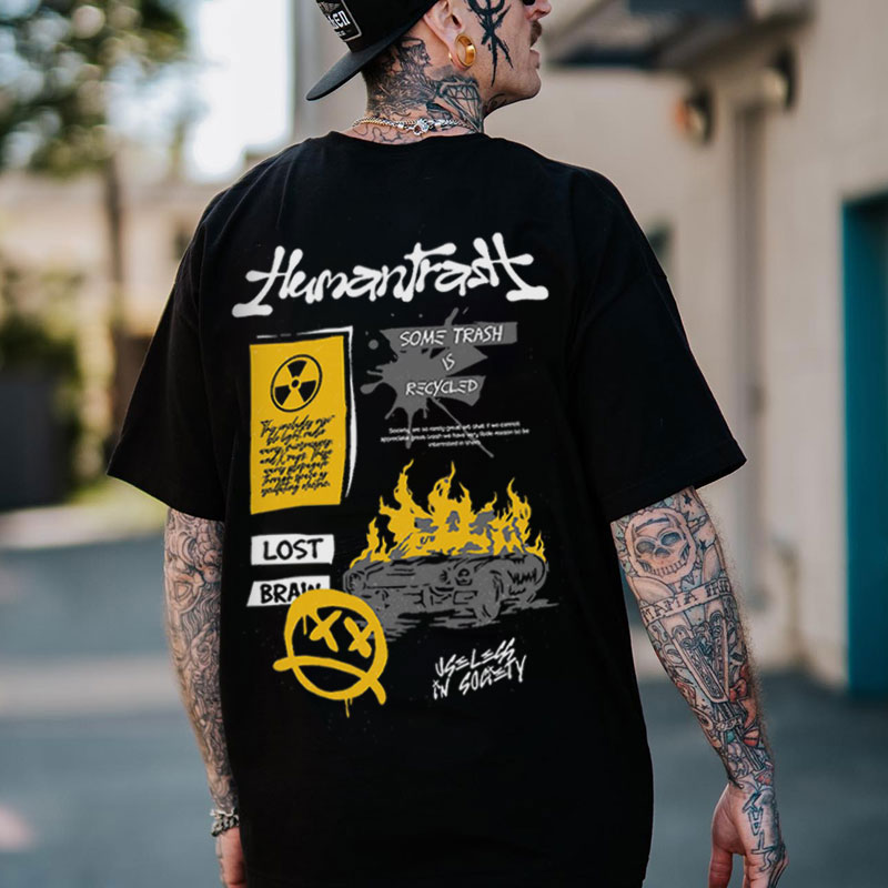 LOST BRAIN Emoji with Burning Fire Black Print T-shirt