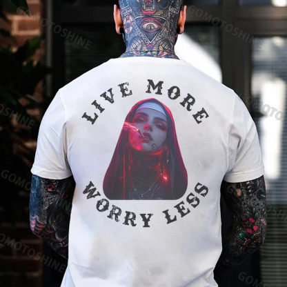 LIVE MORE WORRY LESS Smoking Nun Print Men's T-Shirt