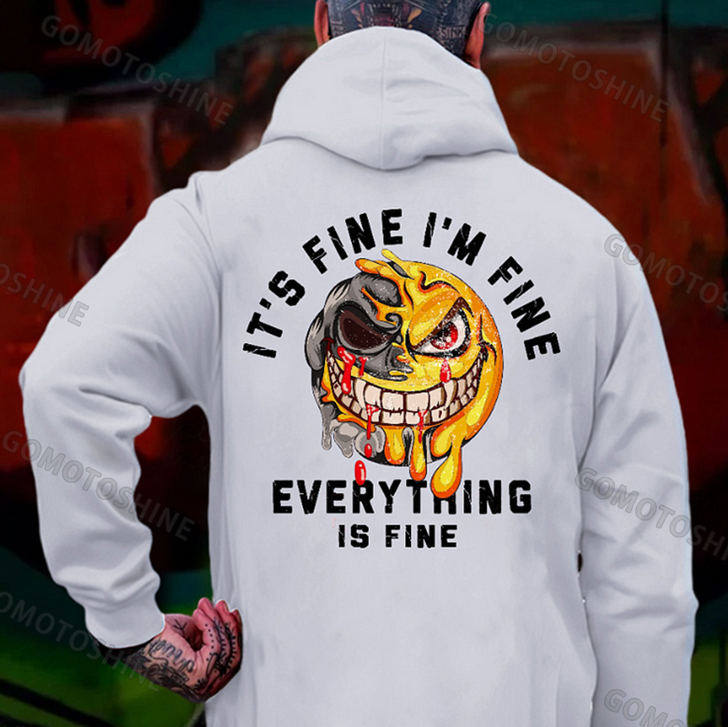 IT'S FINE I'M FINE EVERYTHING IS FINE Melting Skull Emoji Print Men's Hoodie
