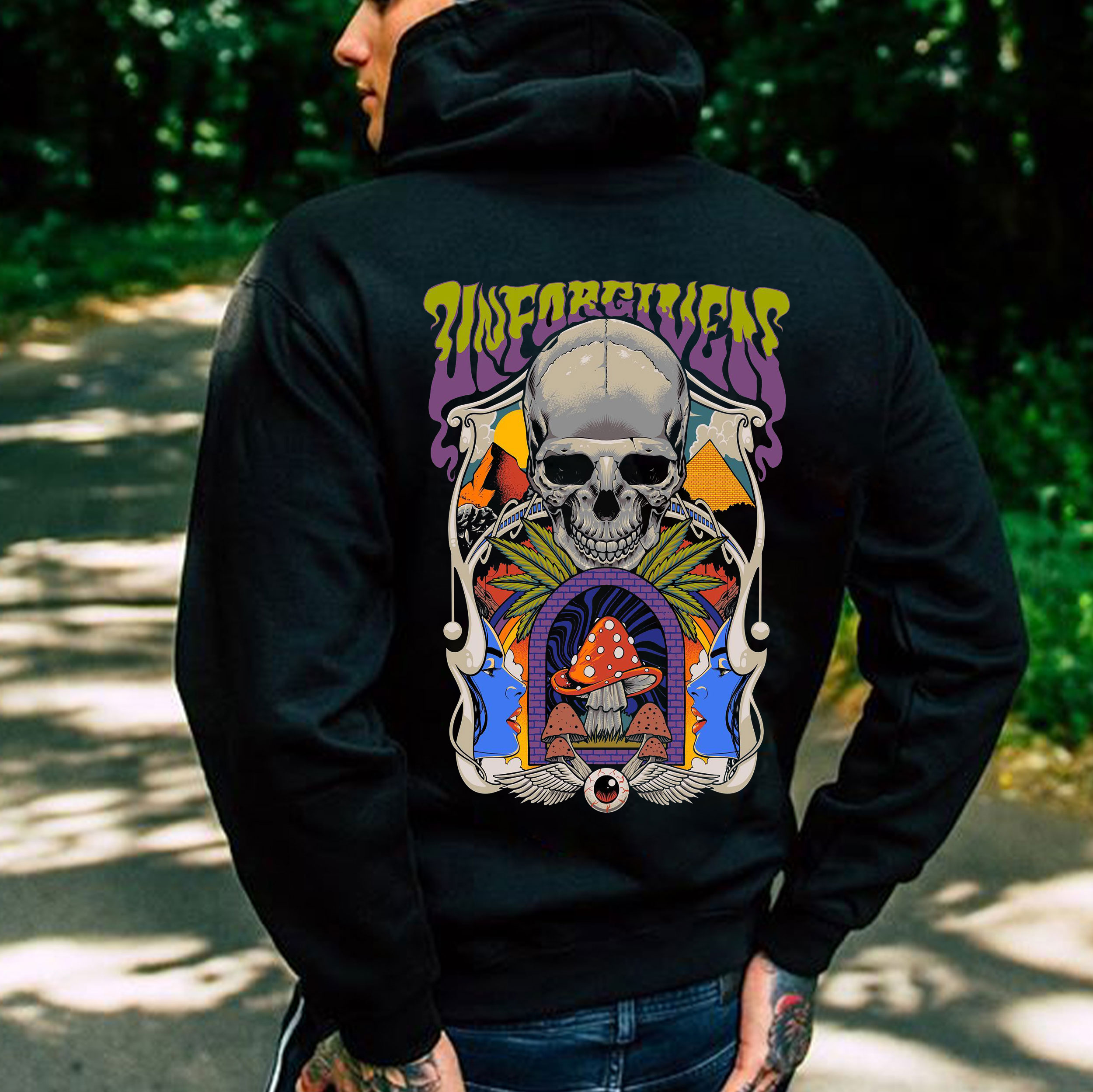 UNFORGIVENS Skull with Mushroom Castle Black Print Hoodie