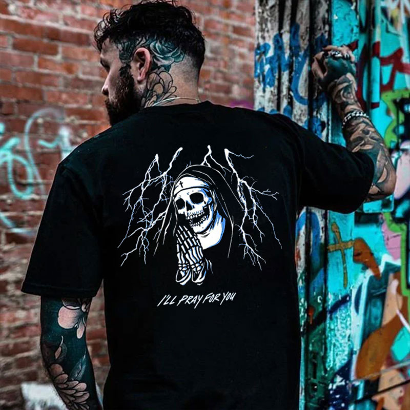 I'LL PRAY FOR YOU Skeleton Nun Black Print T-shirt
