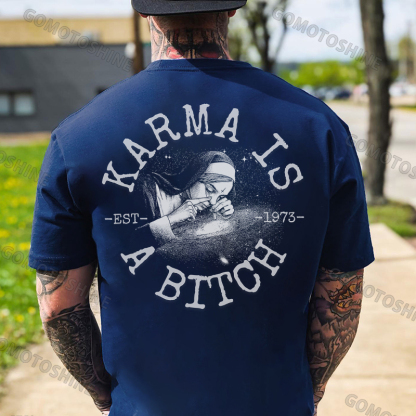 KARMA IS A BITCH Smoking Nun Print Men's T-Shirt