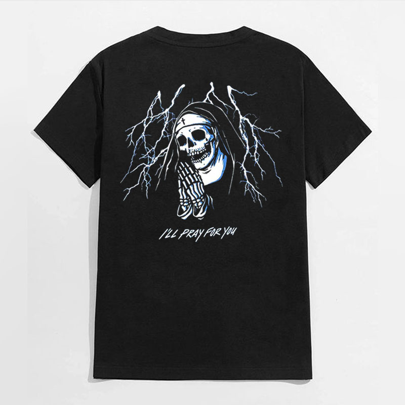 I'LL PRAY FOR YOU Skeleton Nun Black Print T-shirt