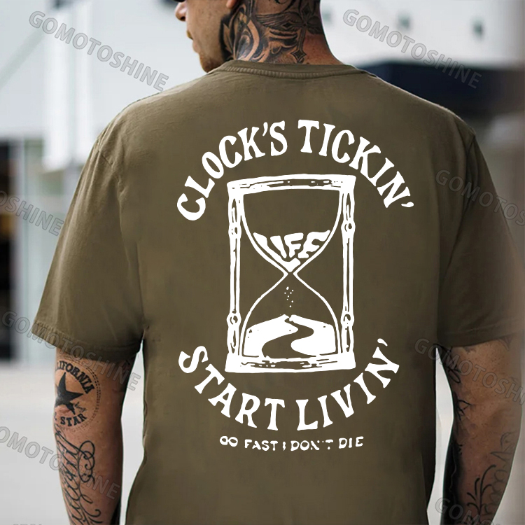CLOCK’S TICKING START LIVING Funnel Graphic Casual Black Print T-shirt