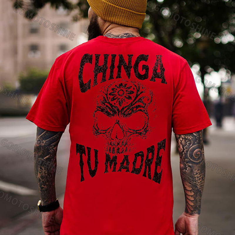 CHINGA TU MADRE Flower Carving Skull Print Men's T-Shirt