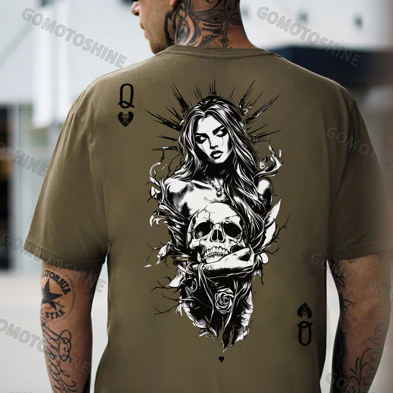 POKER Q Gloomy Queen & Skull Print Men's T-Shirt