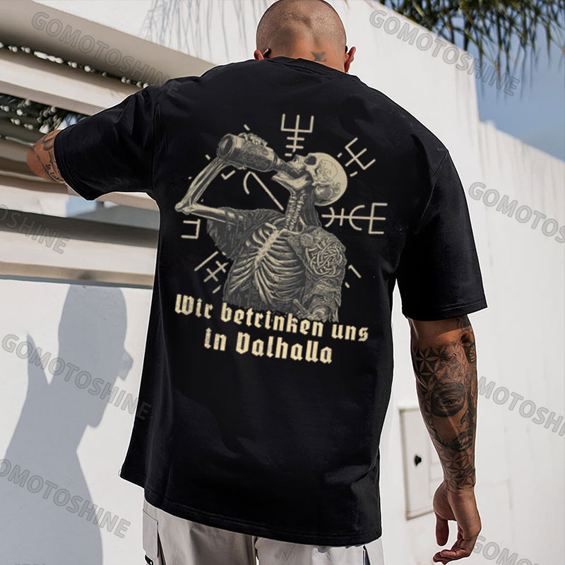 WIR BETRINKEN UNS IN VALHALLA Skeleton Drunkard Print Men's T-Shirt
