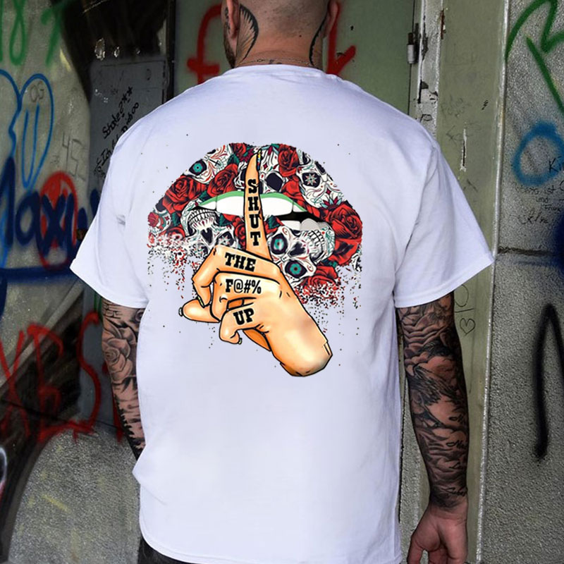 SHUT THE FUCK UP Skull Roses Lips Pattern Print Men's T-Shirt