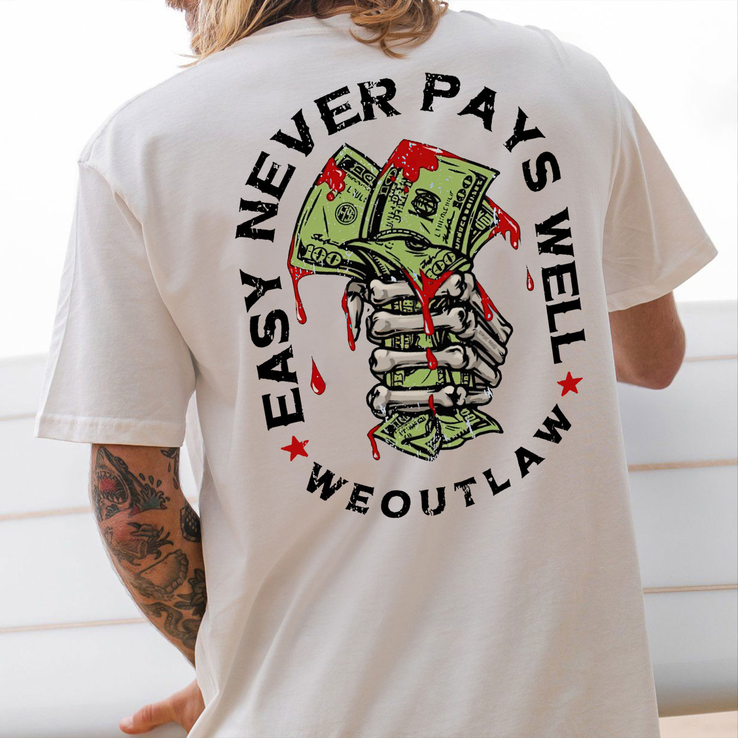 EASY NEVER PAYS WELL Bones and Money White Print T-Shirt