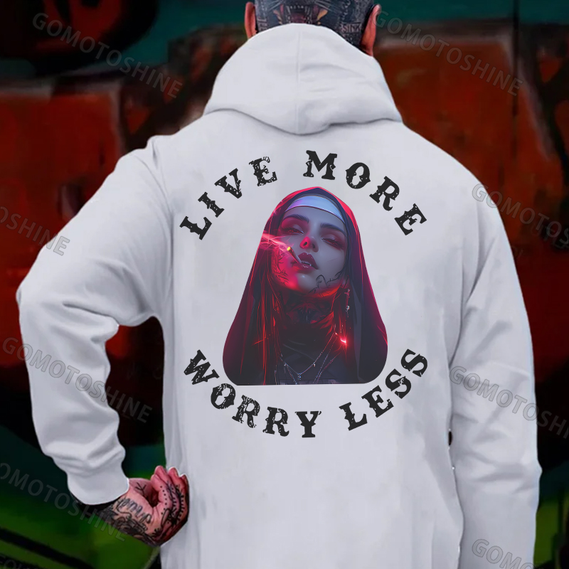 LIVE MORE WORRY LESS Smoking Nun Print Men's Hoodie