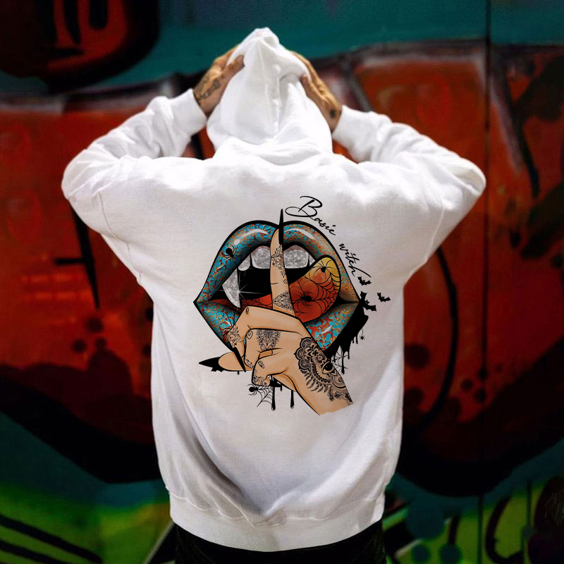 Keep Silent Gothic Style Lips Print Men's Hoodie