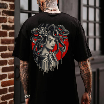 Dark Witch with Snakes Around Her Graphic Casual White Print T-shirt