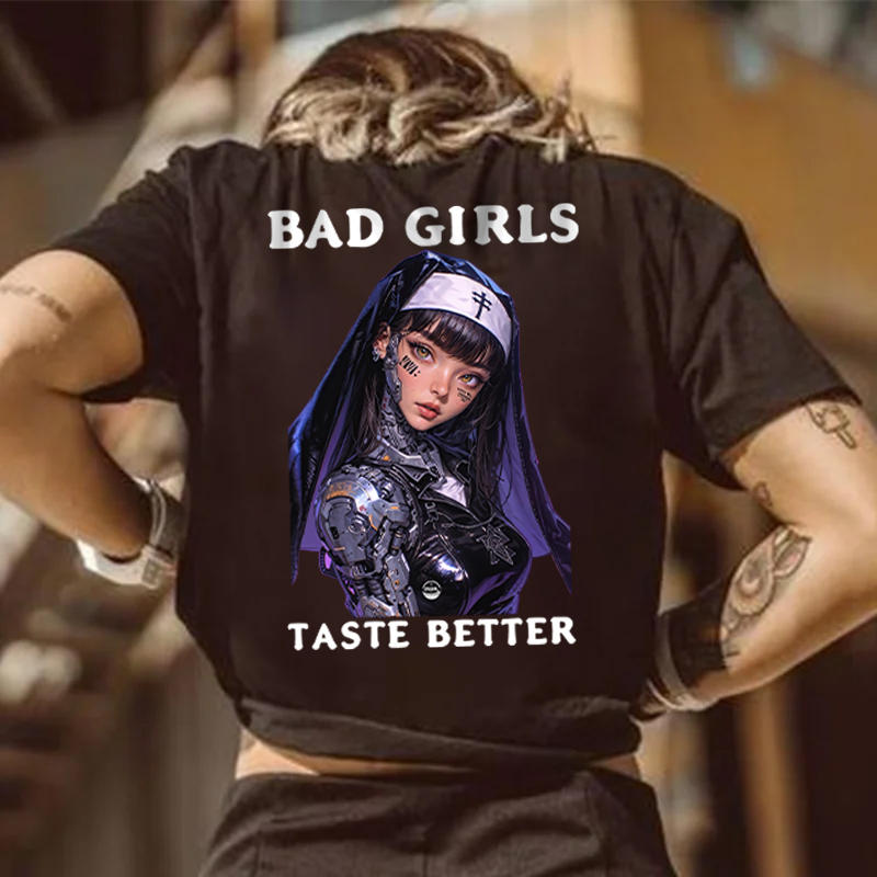BAD GIRLS TASTE BETTER Cyber Nun Print Women's T-shirt