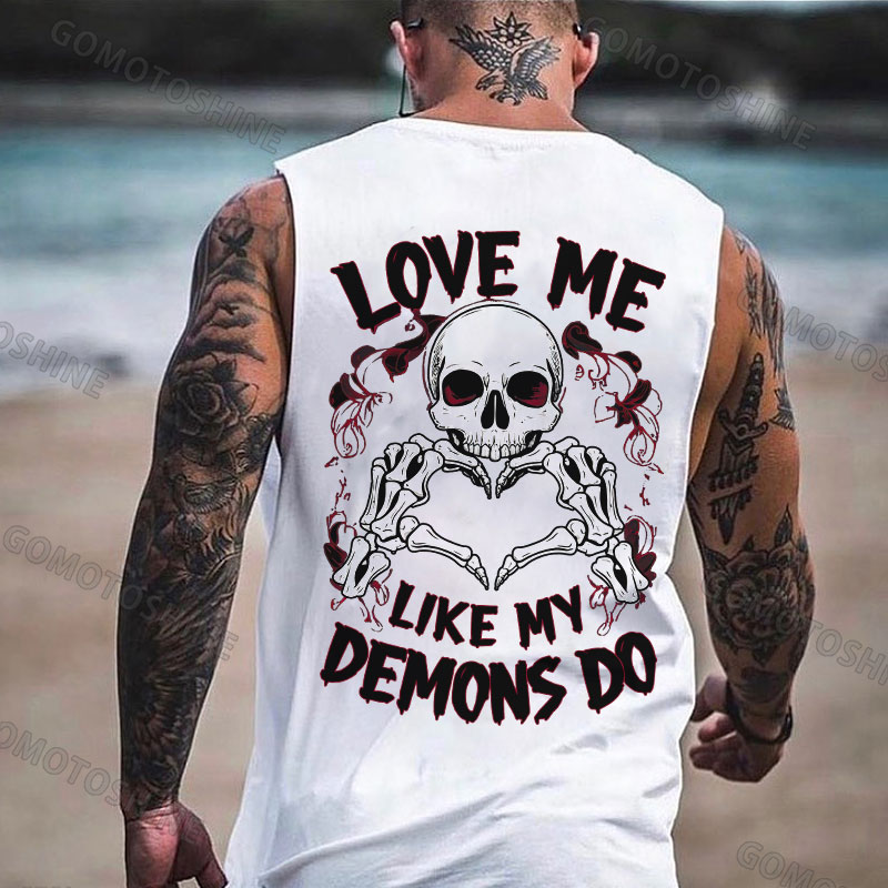 LOVE ME LIKE MY DEMONS DO Finger Heart Skeleton Print Men's Vest