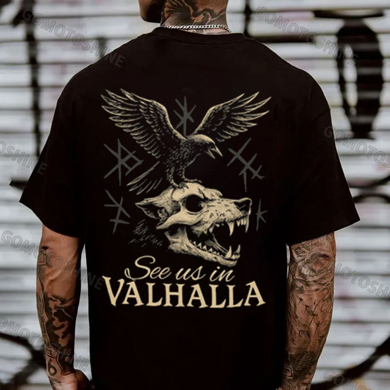 SEE US IN VALHALLA Crow And Wolf Skull Print Men's T-Shirt