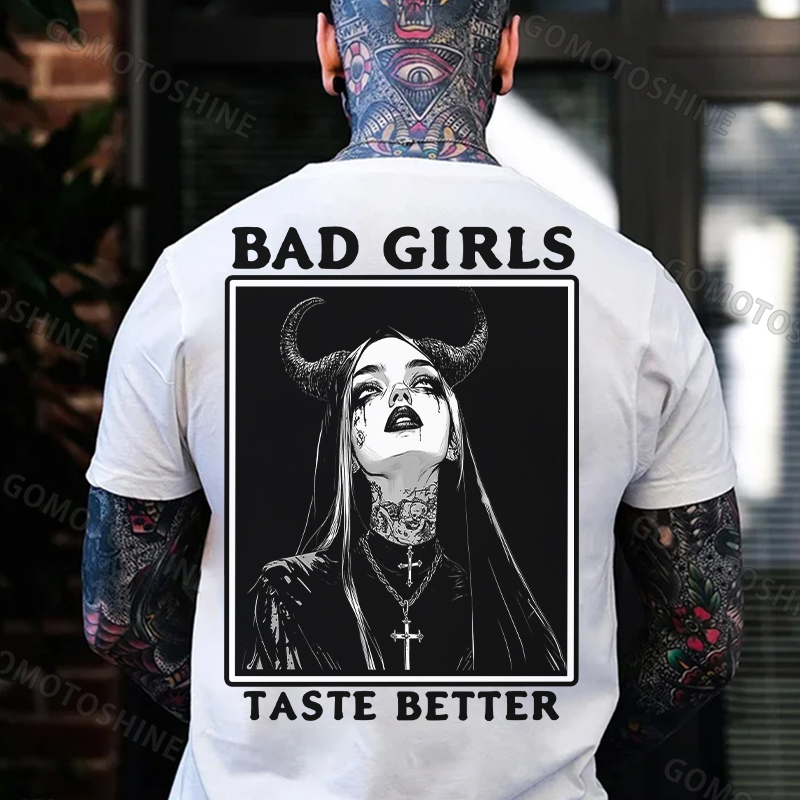 BAD GIRLS TASTE BETTER Tattooed Devil Nun Print Men's T-Shirt