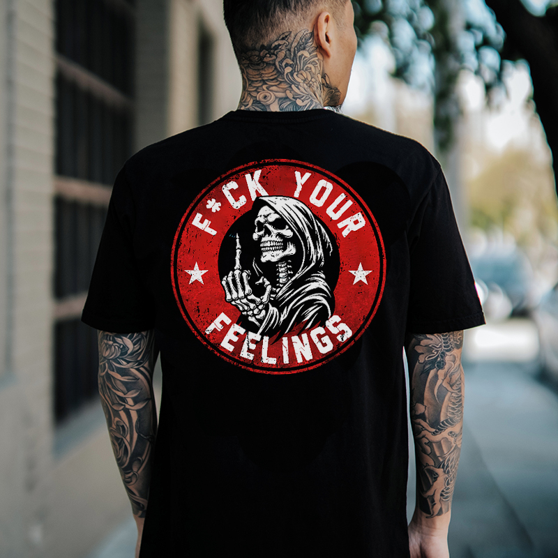 FUCK YOUR FEELINGS Skeleton With Fuck Gesture Print Men's T-shirt