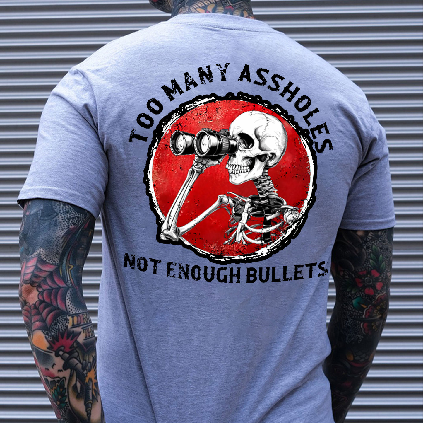 TOO MANY ASSHOLE NOT ENOUGH BULLETS Skeleton With Telescope Print Men's T-Shirt