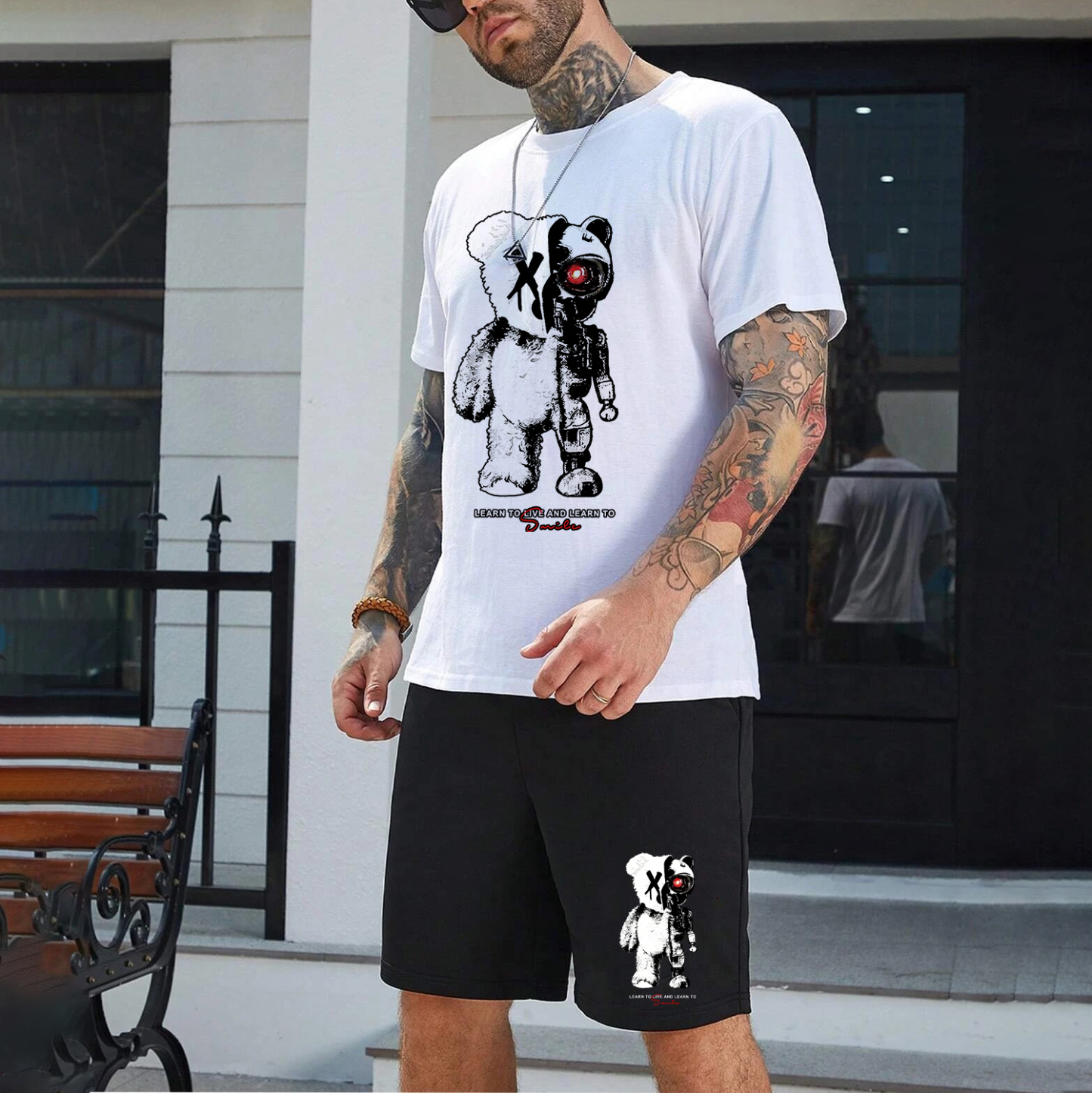 LEARN TO LIVE AND LEARN TO SMILE Deconstruction Bear Print Men's Suit