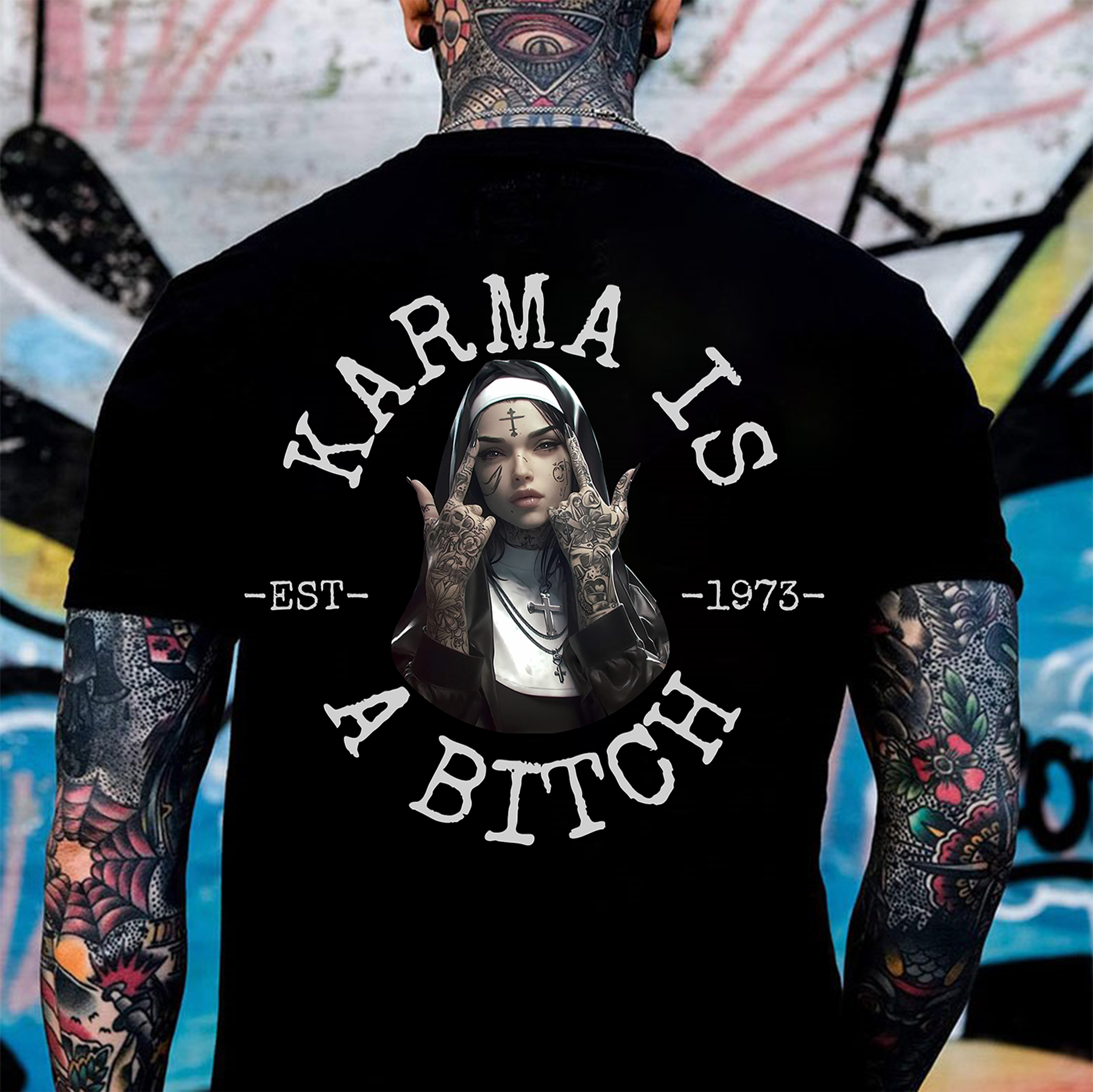 KARMA IS A BITCH Defiant Nun Print Men's T-Shirt