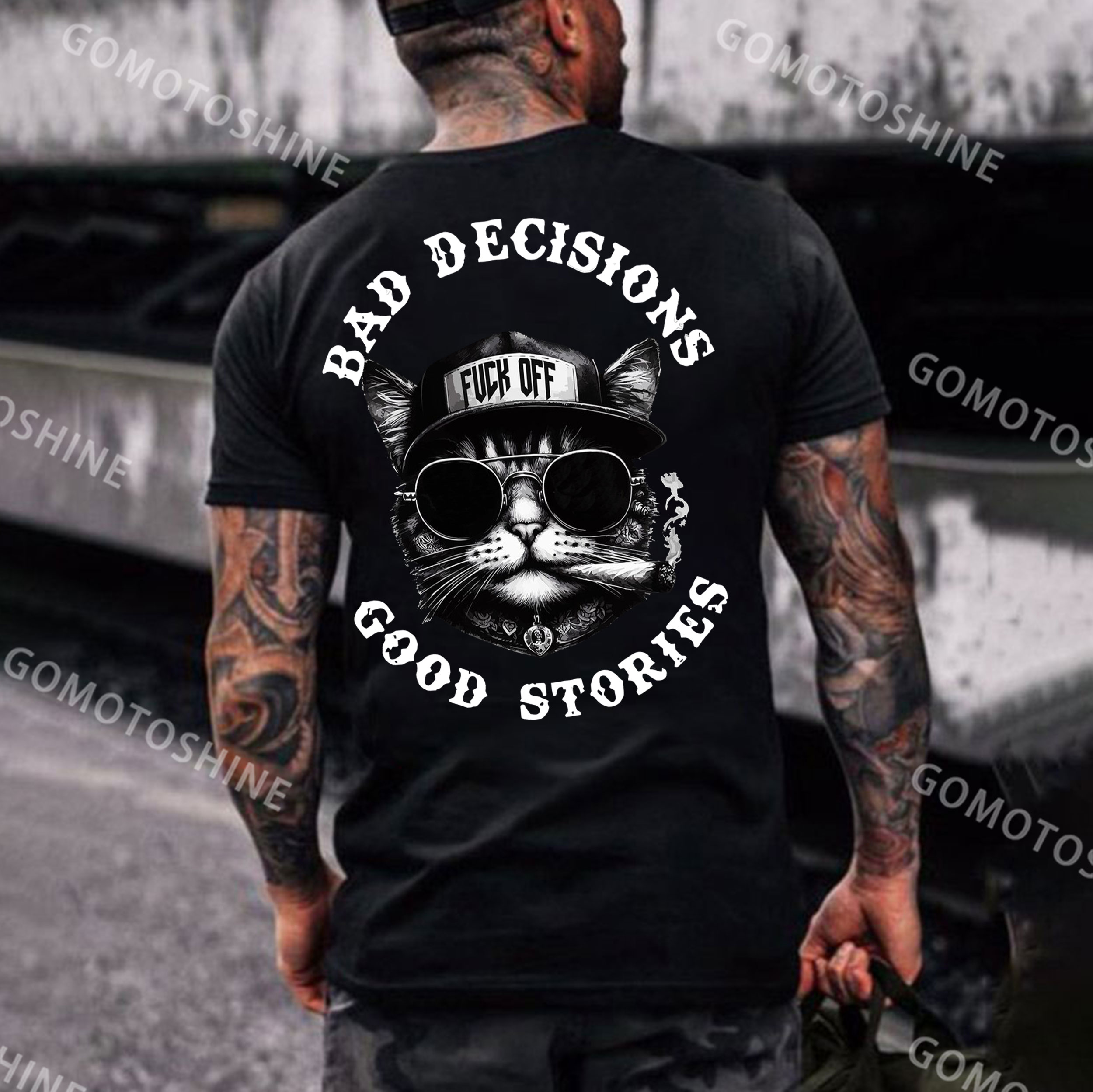 BAD DECISIONS GOOD STORIES Gangster Cat Print Men's T-Shirt