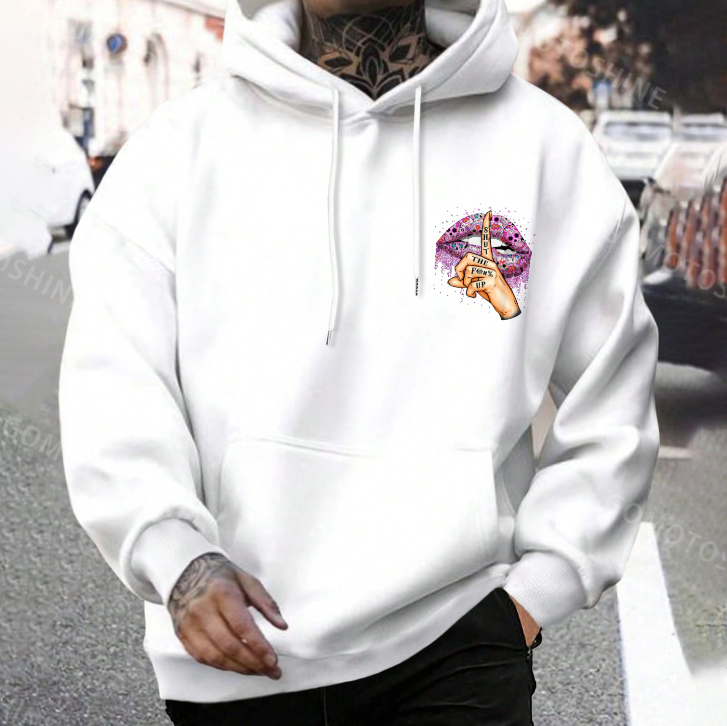 SHUT THE FUCK UP Gothic Style Lips Print Men's Hoodie