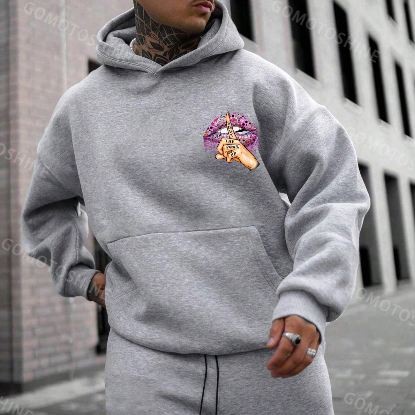 SHUT THE FUCK UP Gothic Style Lips Print Men's Hoodie