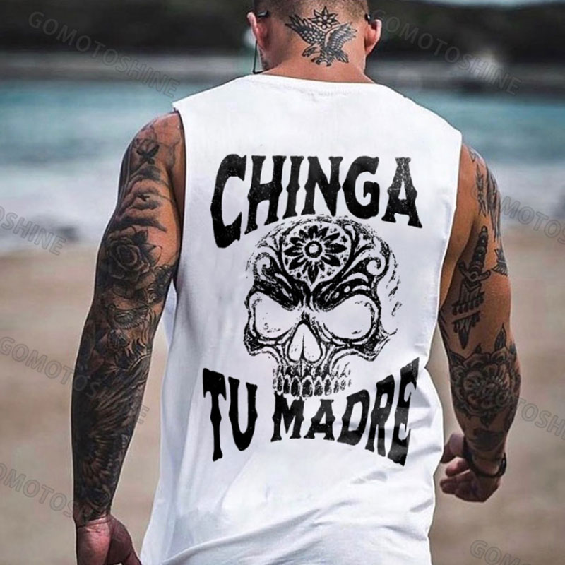 CHINGA TU MADRE Flower Carving Skull Print Men's Vest