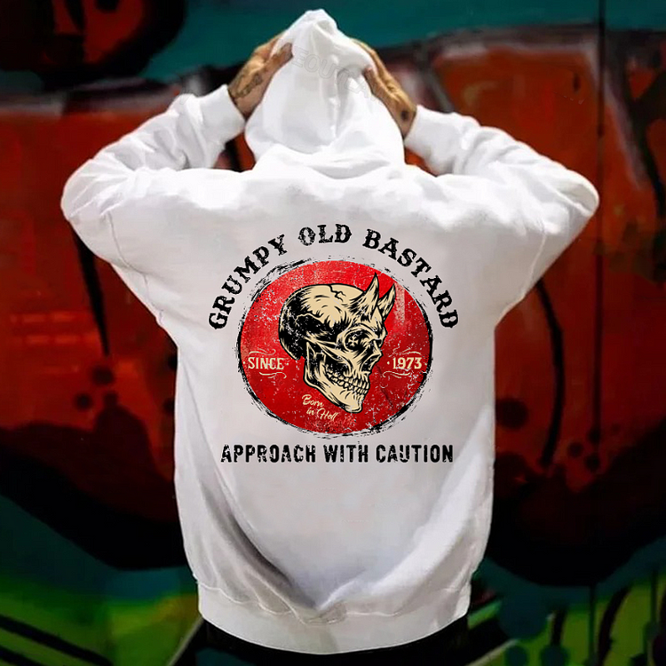 GRUMPY OLD BASTARD APPORACH WITH CAUTION Skull Print Men's Hoodie
