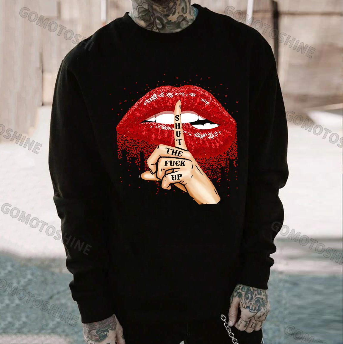 SHUT THE FUCK UP Red Lips Print Men's Sweatshirt