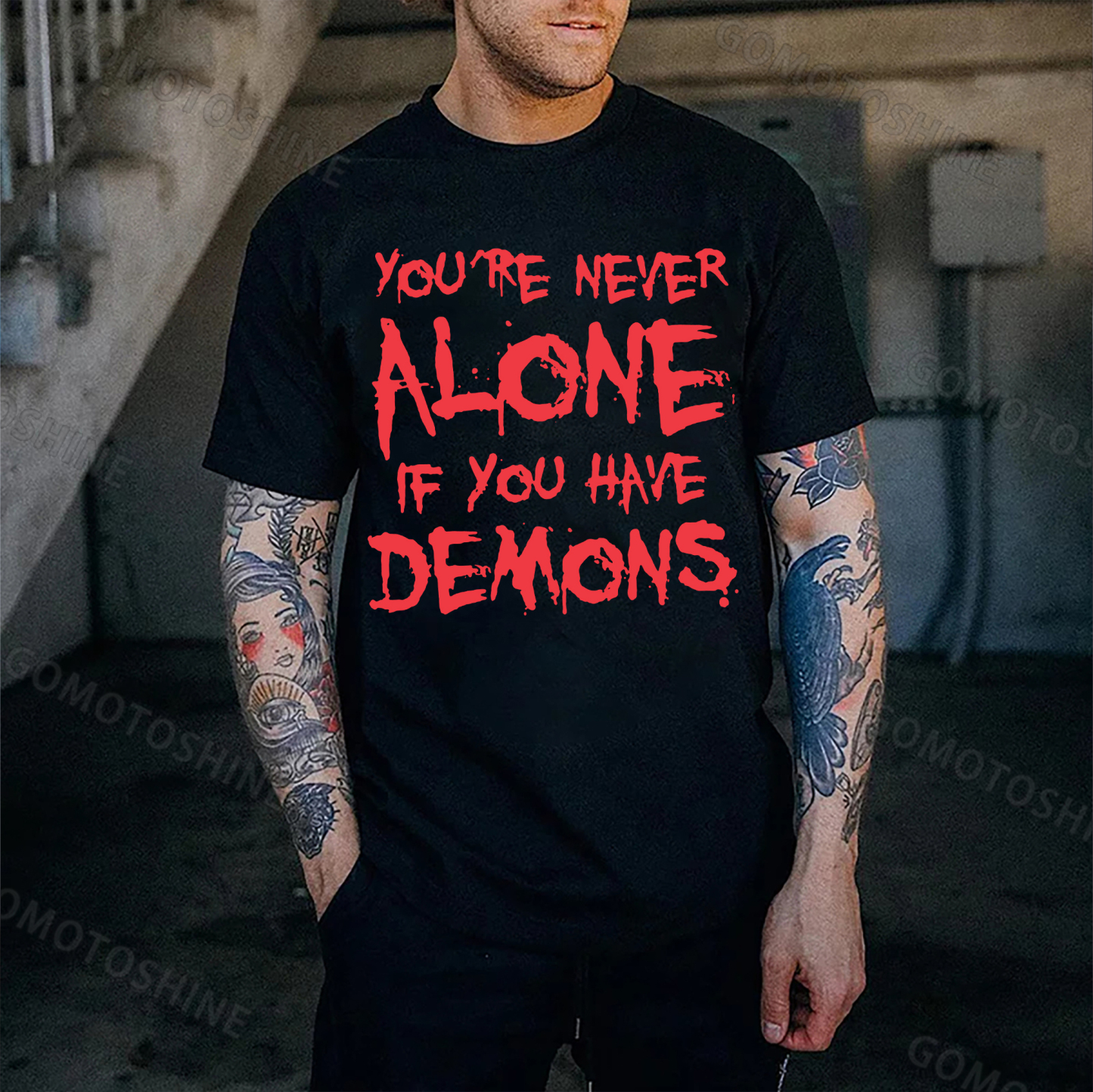 YOU'RE NEVER ALONE IF YOU HAVE DEMONS Black Print T-shirt