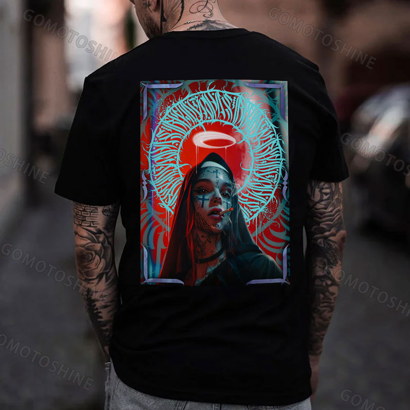 Runes Smoking Nun Print Men's T-Shirt