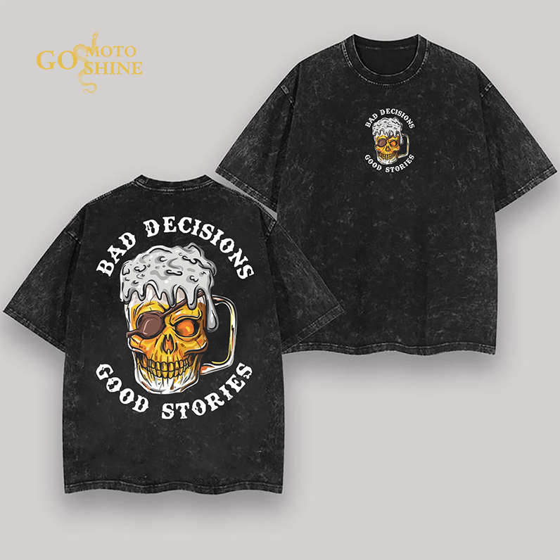 BAD DECISIONS GOOD STORIES Skull Beer Men's Washed T-shirt