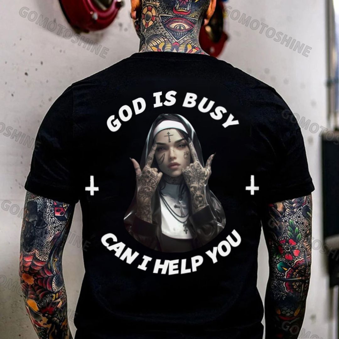 GOD IS BUSY CAN I HELP YOU Defiant Nun Print Men's T-Shirt