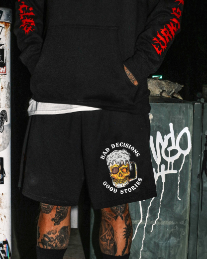 BAD DECISIONS GOOD STORIES Beer Skull Black Print Shorts