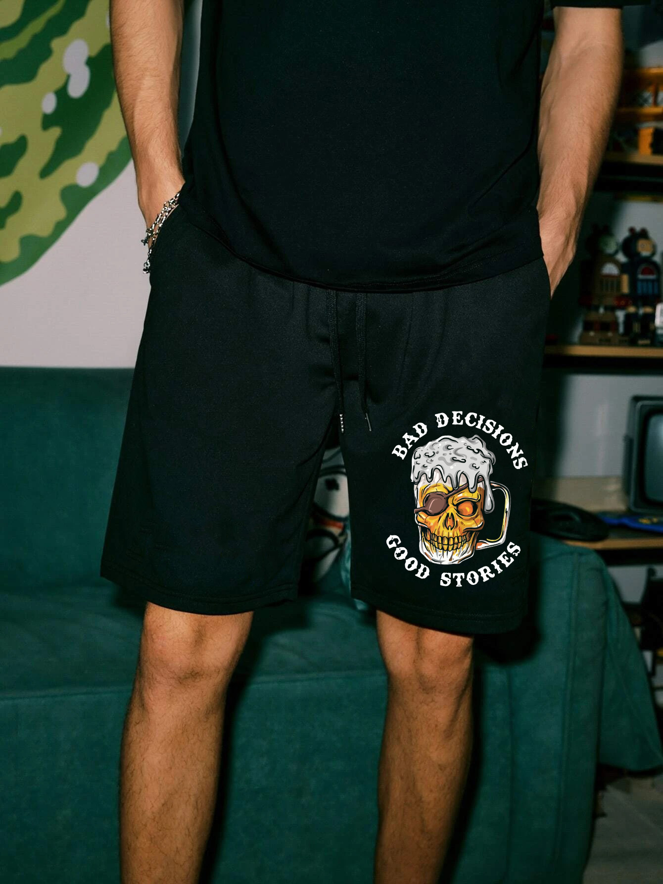 BAD DECISIONS GOOD STORIES Beer Skull Black Print Shorts