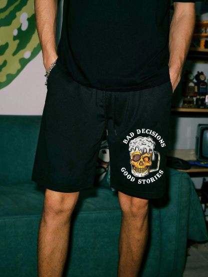 BAD DECISIONS GOOD STORIES Beer Skull Black Print Shorts